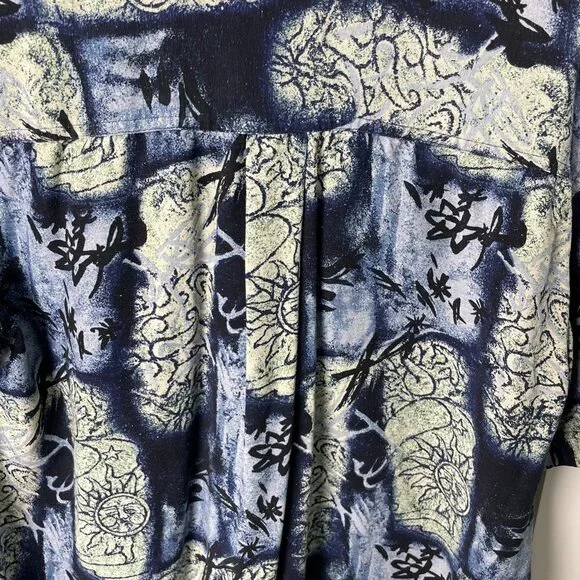 Mens Retro 90s Silk Patterned Blue Button Down Short Sleeve Shirt - Picture 7 of 8